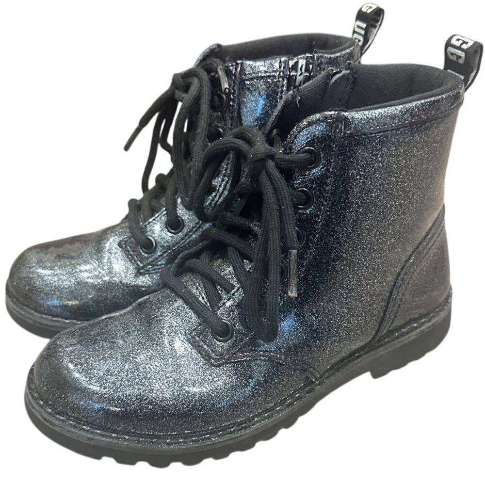 Ugg Black Ashton Glitter Patent Lace-Up Lug Sole Chunky Combat Boots Grunge Sz 2